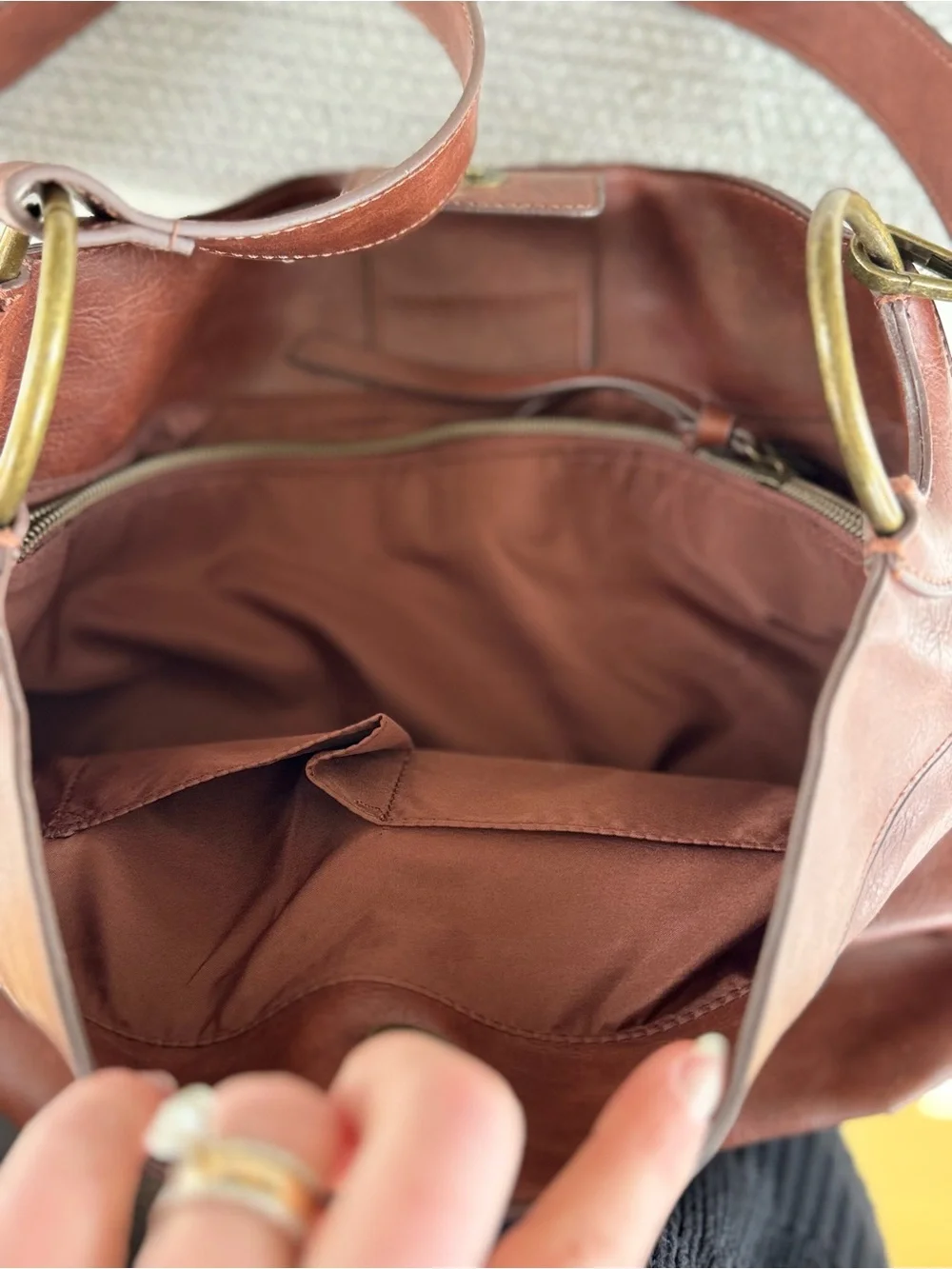 Vintage Cognac Brown Braided Vegan Leather Brass Rings Satchel Hobo Bag Purse